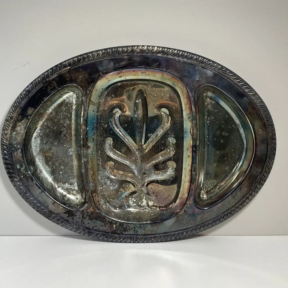 Antique WM Rogers Silver Plate Carving Serving Tray w/Spring Flower